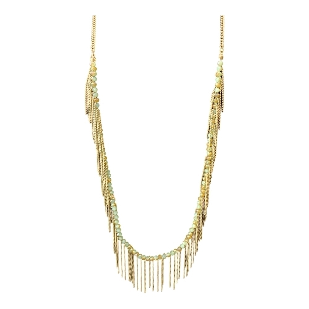 Freedom gold and green long necklace with a boho feeling fringe. - Picture 12 of 12